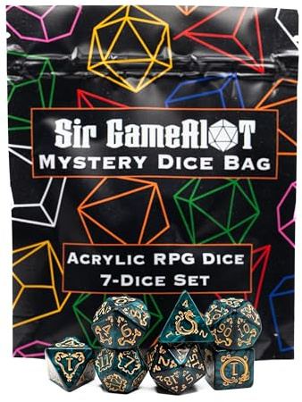 Mystery Dice Bag | Set of 7 Polyhedral Gaming Dice | One Set Chosen at Random | RPG, DND etc. (Mystery Acrylic Set)