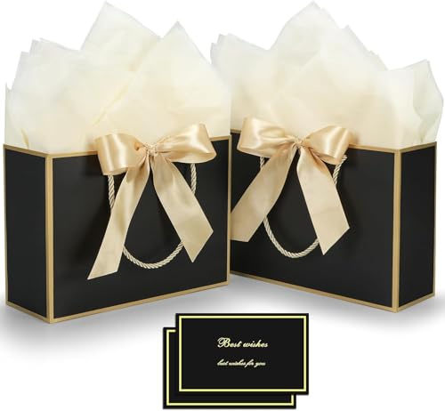 FLUETOOD Bolsas de Regalo, 2 Bolsas de Regalo de Cumpleaños con 2 lazos, 2 Tarjeta de Felicitación y 4 pañuelos, bolsas de papel de cumpleaños para Celebración, Fiesta, Boda