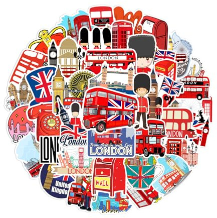 XDGBGFN Lot de 50 autocollants décoratifs Londres - Imperméables et sans trace - Réutilisables - Pour skateboards, valises, ordinateurs, vélos, guitares, casques