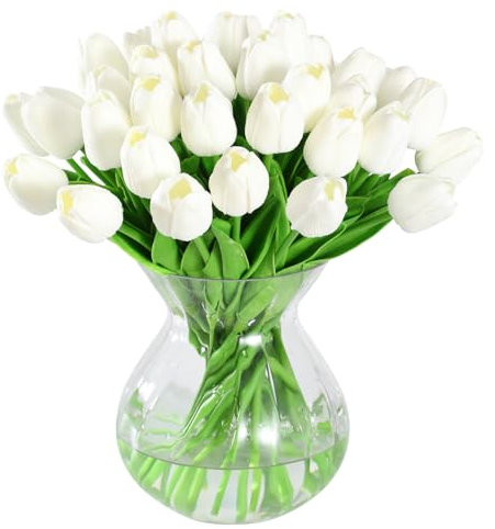 JUSTOYOU 40 tulipani di fiori artificiali, tulipani finti in lattice, realistici al tatto, per bouquet da sposa per matrimoni, casa, giardino, decorazione (bianco)