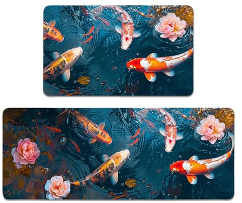 YWZDS Japanese Koi Fish Kitchen Rugs Set of 2, Lotus Pond Kitchen Mats Decor with Rubber Backing Non Skid Washable, Floor Door Mat Home Decorations for Kitchen Sink Bathroom (17 x 29 + 17 x 47)