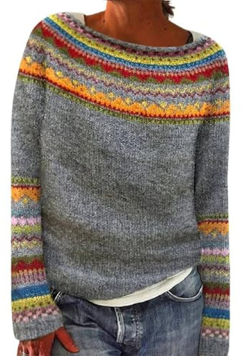 HUIFUAO Fair Isle tröjor för kvinnor UK stor storlek damtröjor överdimensionerade tröjor för kvinnor långärmad tjock varm jacquard stickade kläder kvinnor pullover toppar