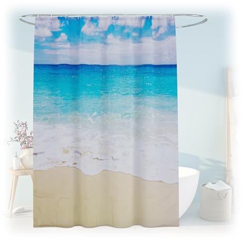Relaxdays Duschvorhang Sandstrand, Bad Vorhang 180x200, Anti-Schimmel, waschbar, 12 Ringe, Badewannenvorhang, Mehrfarbig