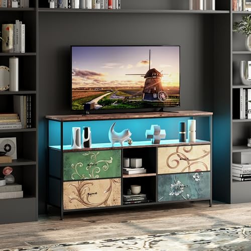 FOERPL Mueble TV LED, 137 cm mesa TV, mueble Tele con LED cajón de tela, mesa de TV salón con almacenamiento, banco de TV, mueble bajo, almacenamiento para salón, dormitorio (D 4cajones, 137 cm)