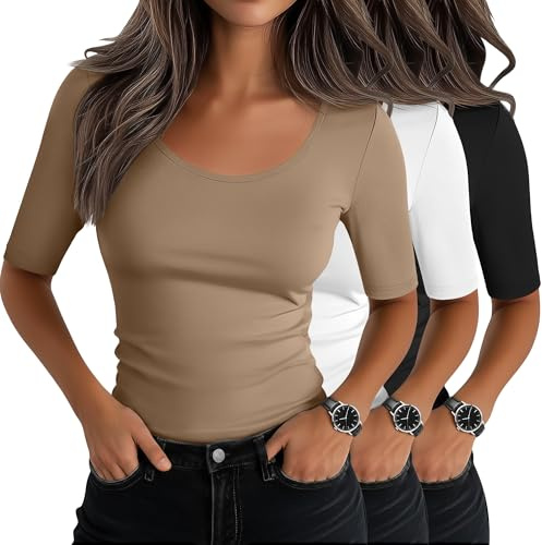 Neer Pack de 3 Tops Mujer Escote Redondo Manga Media Ajustados Estirables Mezcla Algodón Básicos Verano | Camisetas ajustadas, camisas de manga media y media, camisetas casuales ajustadas, manga de codo, capa, mezcla de algodón