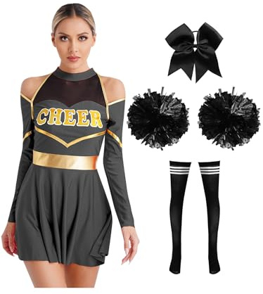 Sxiwei 4 Stück Cheer Leader Kostüm Damen Langarm Cheerleading Uniform mit Pompons Socken Haarband Halloween Karneval Fasching Schwarz A XXL