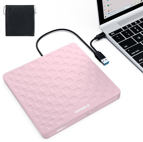 ORIGBELIE Externes DVD Laufwerk, USB 3.0 Typ-C Ultra Slim 13 mm Externer DVD Brenner Tragbares CD-DVD +/-RW Drive, Externes CD Laufwerk für Laptop PC Windows 11/10/8/7 Linux Mac OS (Rosa)