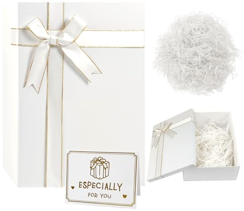 MSLHUB Presentförpackning med lock, 28 x 20 x 9 cm, presentlåda, stor med rosett, gratulationskort och bast, vikbar presentförpackning för födelsedag, bröllop, jul (vit)