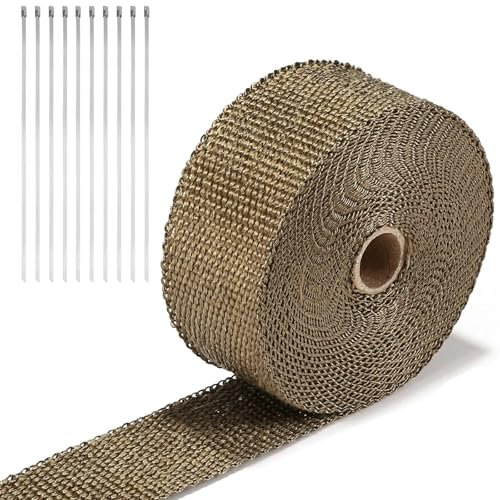 Bettol Hitzeschutzband Basaltfaser, 10M * 5CM aus Titan-Basalt-Faser, mit 10 Edelstahlbändern, allgemein für verschiedene Arten von Motorrädern und anderen Abgasrohr Isolierung