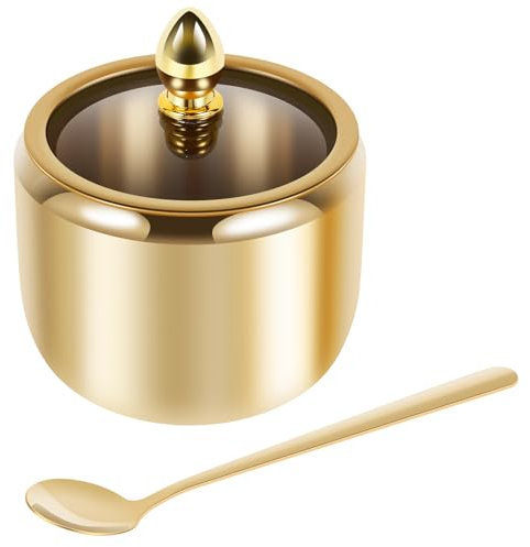 304 Stainless Steel Sugar Container, with Clear Glass Lid and Spoon Gold 10oz Sugar Bowl Dishwasher Safe Seasoning Box Multifunctional Condiment Pot for Salt Candy Coffee Bean