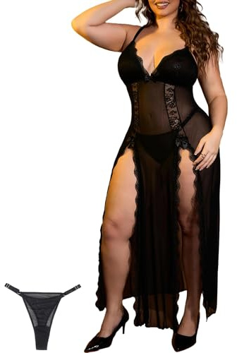 ohyeahlady Babydoll dam lång sexig spets stor storlek lång klänning delad sommar strandklänning nattlinne bomull chic sexig outfit varm nattkläder pyjamas set underkläder och kläder, svart, M