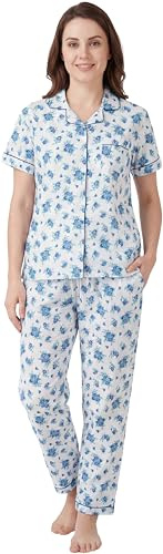 iceBoo Womens 100% Cotton Pyjama Set Short Sleeve Button Through Top with Pocket and Full Length Bottoms with Side Pockets Blue Floral Print, WP93 - Size 10/12