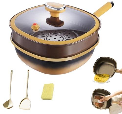 12in Titanium Alloy Non-Stick Pot with Lid, Deep Skillet 30 X 10 cm, Multi-Purpose Deep Saute Pan with Steamer Basket, Even Heating, Suitable for All Stoves (with Steamer)