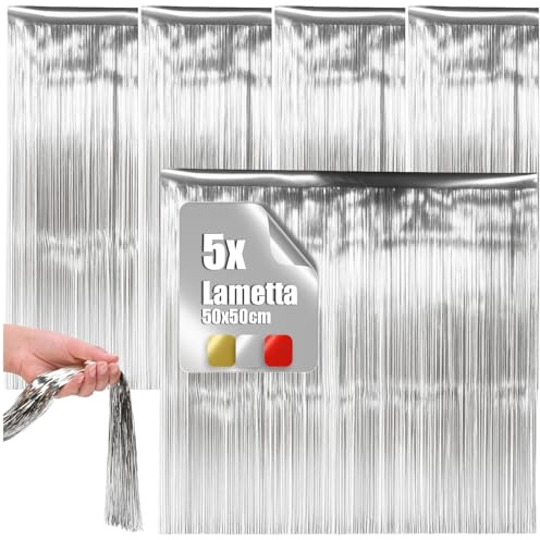 com-four® 5X Lametta – ghirlande argentate per Natale – Addobbi per Albero di Natale – Tenda Lametta con Fili Lisci (Premium Color Argento - 5 Pezzi)