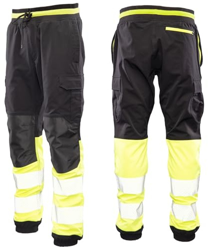 Seven Kings Warnschutzhose Herren Jogger – Arbeitshose mit Reflektorstreifen & Kniepolstertaschen für Sicherheit – Stretch Arbeitshose Gelb Schwarz – Mehrere Taschen für Werkzeug, Handy und Dokumente