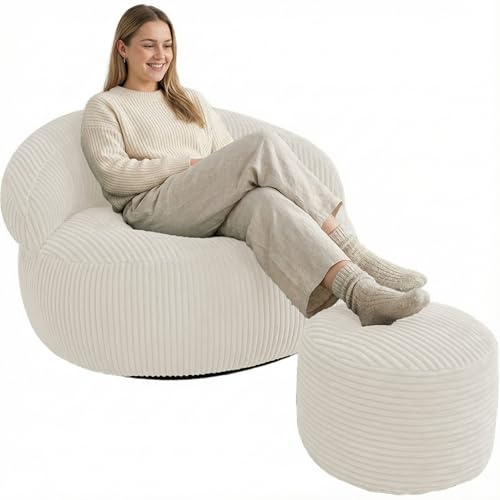 bananair - Pouf Salon & Chambre en Velours Côtelé - Pouf Fauteuil XXL Doux & Élégant - Housse Lavable en Machine - Idéal Salon, Chambre Adulte, Ado (110x100cm, Beige)