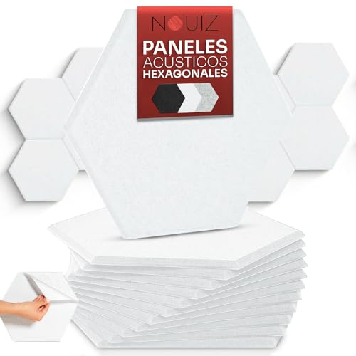 NOUIZ 12 Paneles Acústicos Autoadhesivos de Alta Densidad para Pared y Techo, Diseño Decorativo para Reducir Eco en Habitación, para Podcasts, Gaming, Estudio y Oficina (Blanco, 30x26cm)