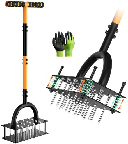 Grenebo Lawn Aerator Manual Aerator Lawn Tool with 16 Spikes, Metal Grass Aerator for Yard, Lawn Aeration, Automatic Soil Ejection, Pre-Assembled Lawn Aerator Tool, Soil Aerator for Lawn, Black Orange