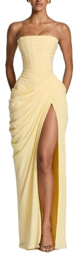 Generisk kvinnor chiffong rygg snörning asymmetriska plektrum strapless slit maxiklänning, korsett bal rukad maxi bridesmaid cross front