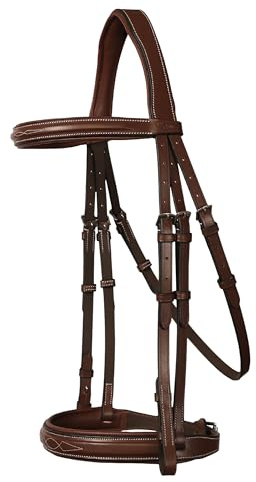 Exion Bride de chasseur de cheval avec rênes doublées en cuir et caoutchouc avec butée de main - Mors anglais doux rembourré pour chevaux