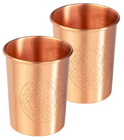 Bodhi Kupferbecher 2er Set | Ayurveda Trinkbecher aus reinem Kupfer | Trinkbecher mit 250 ml Volumen | Wasser Becher mit Design Veredelung | Langlebige Metallbecher | Blume des Lebens
