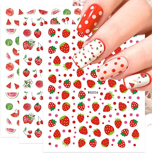 JMEOWIO Nagelsticker Sommer Frucht Erdbeere 10 Blatt Nail Art Sticker Selbstklebend Nagelaufkleber Zitrone Wassermelone Dekoration Nageldesign Zubehör