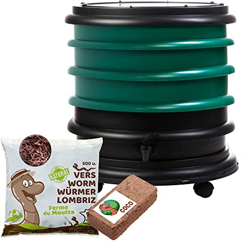 WORMbox | Wormery Worm Farm composter 3 Dark green Trays + 250gr of Compost Worms / 500 ctn + 1 Coco | 48 liters | Organic Waste Compost, make your Worm Castings