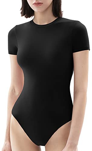 PUMIEY Womens Summer Tops Bodysuit Short Sleeve Body Suit Shirts Jet Black Large