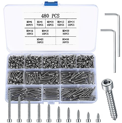 Speaker Screws, 480 Pcs M3 Self Tapping Screws, Cylindrical Head Hex Socket Cap Head Screws, Metric Thread Trumpet Wood Screws Allen Machine Screws. (480 silver)