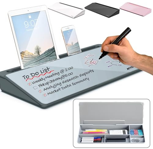 NITRAM Lavagna da scrivania o ufficio in vetro con cassetto portaoggetti e scomparto per accessori Dimensioni: 40,5 x 18,5 x 6 cm con cancellino.e 2 pennarelli (Grigio)