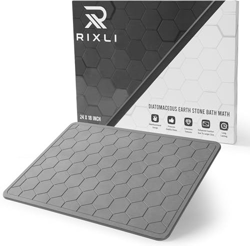 RIXLI Diatomaceous Earth Stone Bathmat | Eco-Friendly XL Stone Bath Mat 18x24 Inch. Instant Dry Bathroom Mat with Sandpaper & Pads. Multiuse, Kitchen Counter & Stone Dog Bowl Mat (1, Grey)