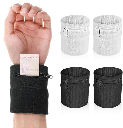 4 Stück Schweißbänder Handgelenk mit Reißverschluss Handgelenktasche Geeignet für Männer und Frauen beim Laufen, Gehen und Trainieren(schwarz und weiß)