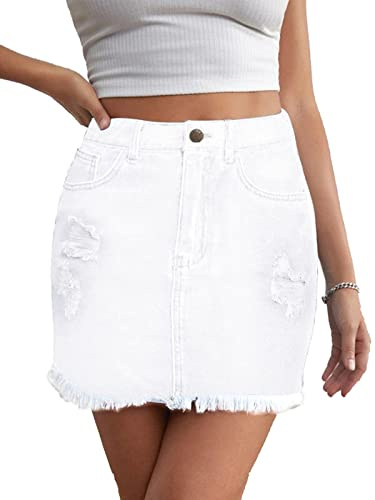 Alaster Queen Falda vaquera para mujer, falda corta de mezclilla, minifalda de mezclilla para mujer, cintura elástica, falda de verano, falda envolvente con bolsillos, Blanco, L