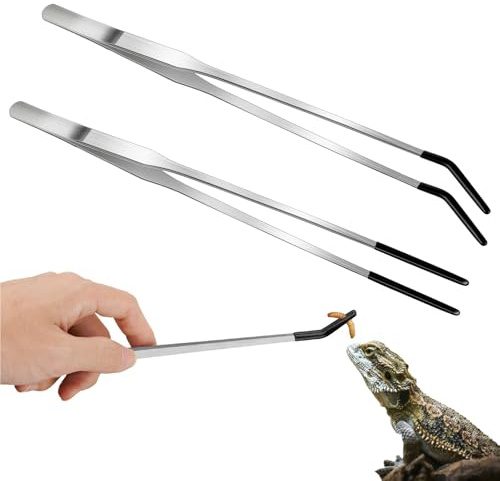2 Pinze per l'alimentazione in acciaio inox per rettili con punta in gomma, accessori per il bacino del geco della corona, robuste pinzette extra lunghe, lunghe 10,6 pollici e pinzette curve