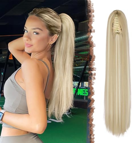 FESHFEN Coletas Postizas con Pinza - Coleta Postiza Pelo Natural Lisa Larga Ponytail Clip de Extensiones de Cabello Reflejos Rubio Sintético Cola Postizos para Mujeres, 63 cm