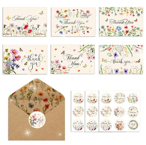 BACH AND BOUJEE 24 pack floral wildflower cards de remerciement avec enveloppes enveloppes rustiques pour les mariages de douche de bébé d'anniversaire douche nuptiale