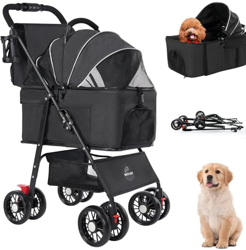 3 in 1 Pet Dog Stroller for Small Medium Dogs 10-50 lbs, Foldable Cat-Strollers for 2-Cats with Removable Carrier, Pet-Strollers for Cats with Storage Bag, Small Puppy-Stroller, Dog-Cart (Black)