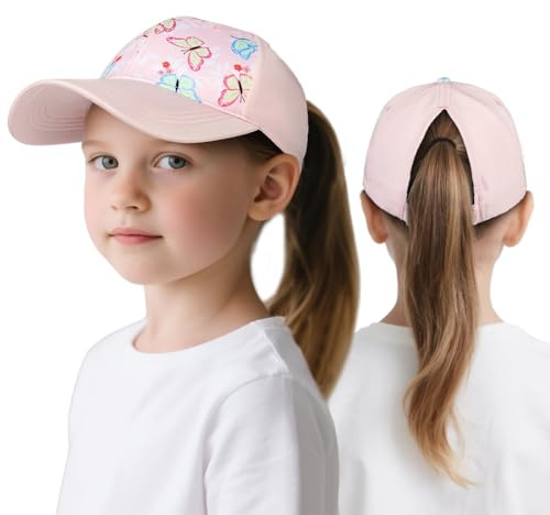 AYESY Kids Ponytail Baseball Cap, Adjustable Girls Butterfly Trucker Hat, UV Summer Protection Tennis Golf Visor Caps Outdoor Sports Hat for Girls Age 4-12