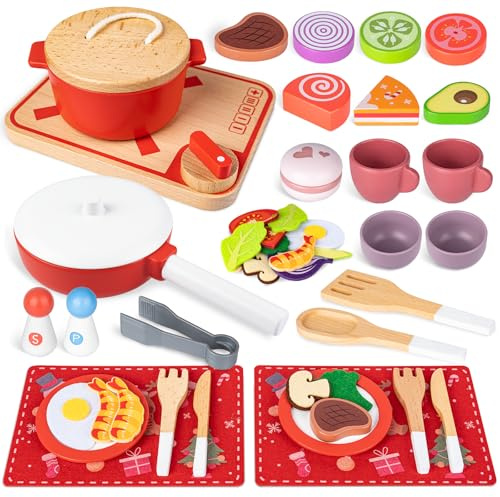 Christmas Advent Calendar Gifts for Kids, Commodum Kids Wooden Play Cooking Set, Pretend Play Kitchen Accessories Toys, 24 Days Countdown Xmas Surprise Holiday Toddlers Girls Gifts Ages 3+