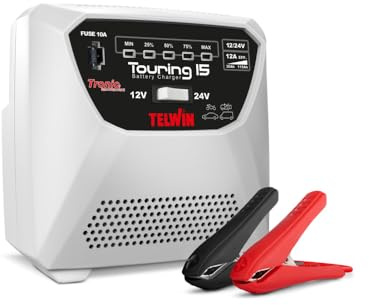 Telwin TOURING 15 Caricabatterie e Mantenitore di Carica per Batterie 12V/24V, tecnologia TRONIC, con pinze
