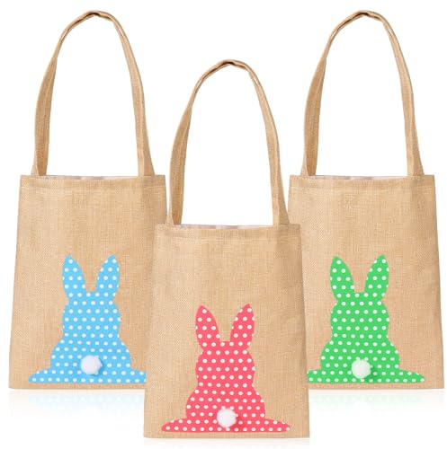 DPKOW Tela Lino Bolsas Pascua con Asa, 4 x Conejo Bolsas Cesta Pascua Huevos para Niños Regalo Chuches Detalle Recuerdos de Fiestas Actividades