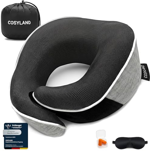 COSYLAND Almohada de Viaje para Cuello, Cojin Cervical con Espuma de Memoria para Avión, Coche y Tren, Incluye Máscara de Ojos, Tapones y Bolsa, Gris