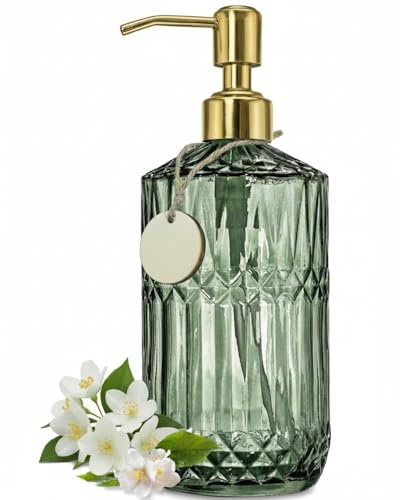 Gem Patterned Glass Soap Dispenser Bottle with Pump, 18Oz Refillable Liquid Hand Jar Dispenser for Bathroom, Countertop, Kitchen, Laundry Room (Green)