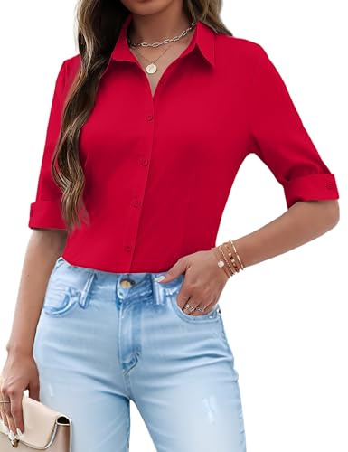 Zeagoo Blouses for Women UK Stretch Fitted Shirts Short Sleeve Blouse Ladies Shirt 3/4 Sleeve Tops Red XL