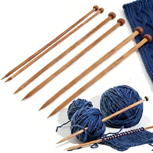 6 Pcs Bamboo Knitting Needles Set, 6/8/10mm Bamboo Knitting Needles, Single Pointed Wooden Knitted Needle for Hands DIY Sweater Scarf, Beginner, Professional Knitters, Crafters, Adult (Brown)