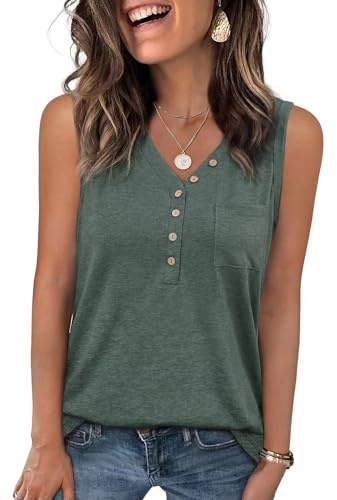 Aottori Canottiera Donna Estiva Scollo a V Canotta Senza Maniche Basic Lunga Top Bottoni Elasticizzata Tank Top Elegante Spalla Larga con Tasche Casual Verde S