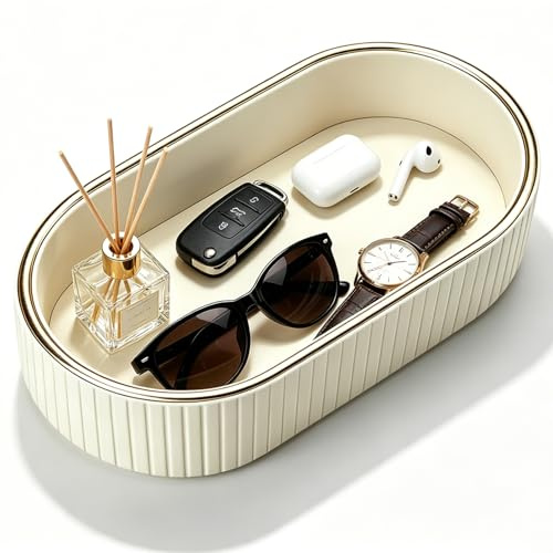 Bandeja de baño ovalada de piel sintética decorativa, bandeja para joyas, bandeja cosmética, bandeja de almacenamiento, bandeja de mesa para tocador, baño, cocina, velas, dispensador de jabón, color