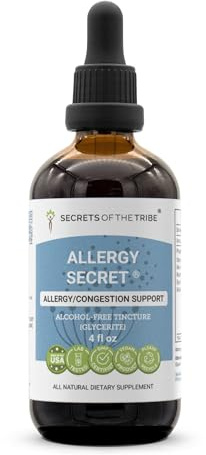 Secrets of the Tribe Allergy Secret Alcohol-Free Extract, Tincture, Glycerite Rosemary, Mullein Leaf, Marshmallow, Stinging Nettle, Eyebright. Allergy/Congestion Support (4 FL OZ)