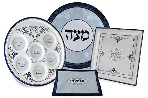 Zion Judaica Full Passover Seder Plate Set Blue Renaissance Collection Pesach Set 12 Ceramic Seder Plate 9.5 Square Matzo Plate 17 Round Matzah Cover & Afikoman Bag Elegant Passover Decorations
