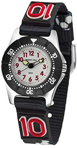 JACQUES FAREL Kinder-Armbanduhr Jungen Fußball Textilband schwarz Drehring analog Quarz KWD 5000